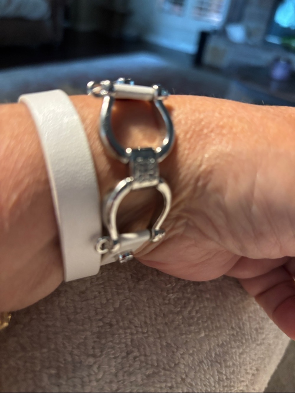 Rustic cuff Silver Horsebit Link Bracelet with White Leather Strap